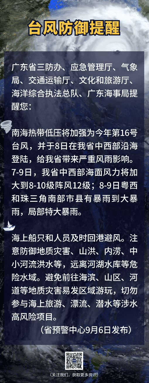 牛壹佰 第16号台风或于8日登陆广东, 多部门联合发布防御提醒